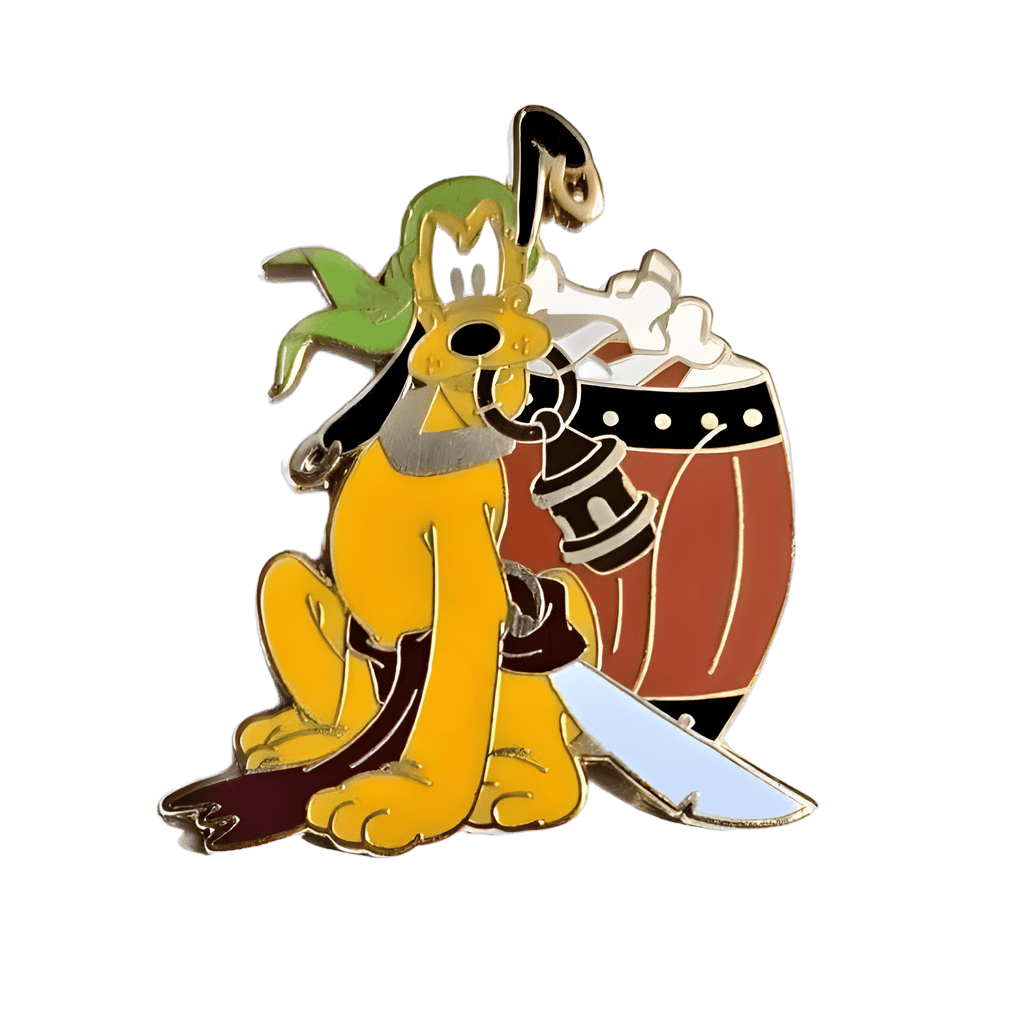 Pluto in front of a Barrel of Bones Disney pin