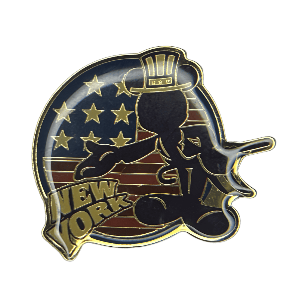 Silhouette of Mickey in front of American Flag and words New York Disney pin