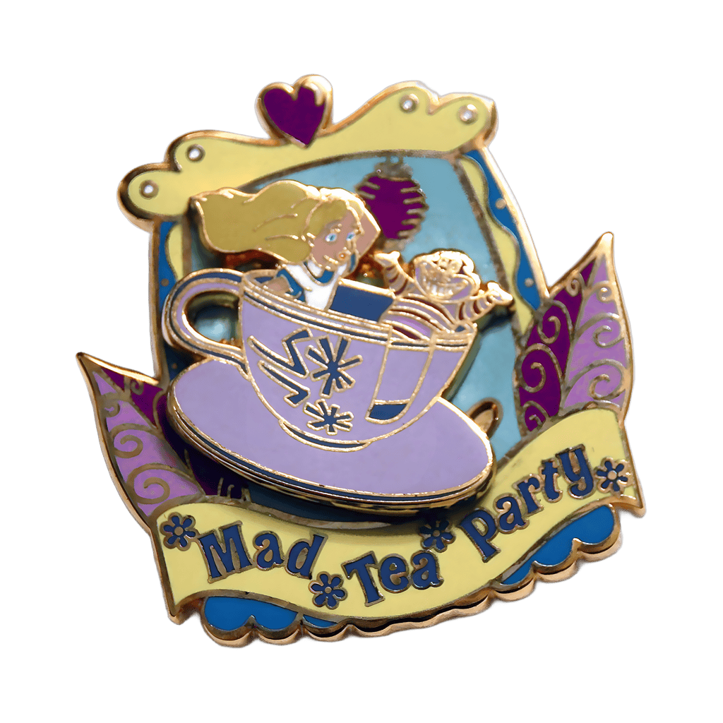 Alice and the Cheshire Cat ride the Mad Tea Party Attraction Disney pin