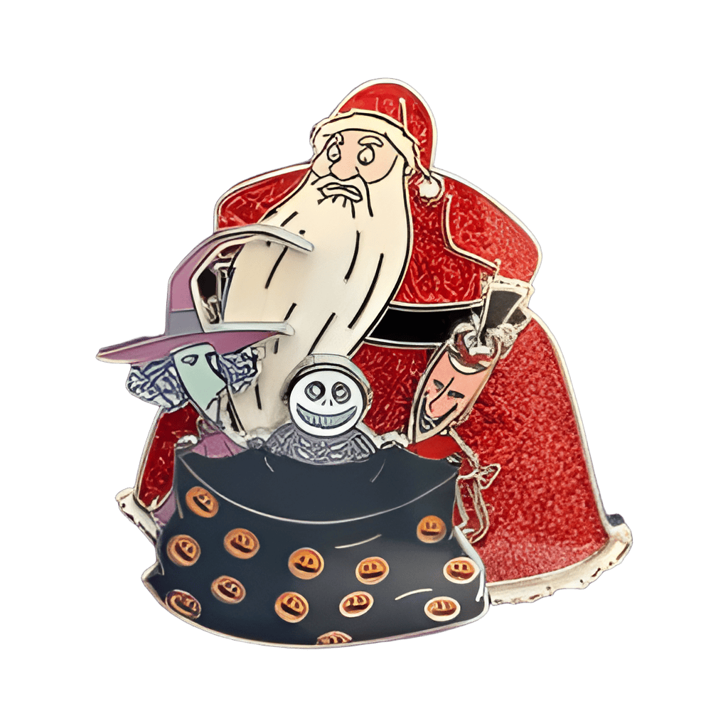 Santa holding Lock, Shock, & Barrel in Santa Bag Disney pin