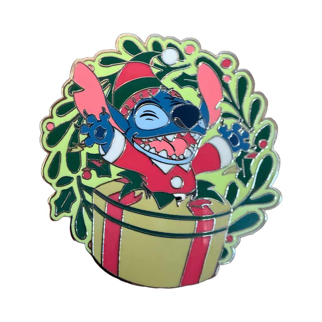 Festive Stitch popping out of present box Disney pin