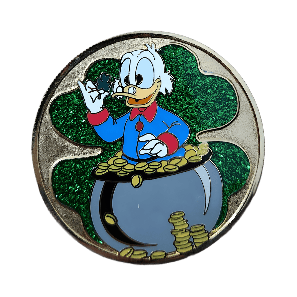 Uncle Scrooge in front of a Shamrock Disney pin