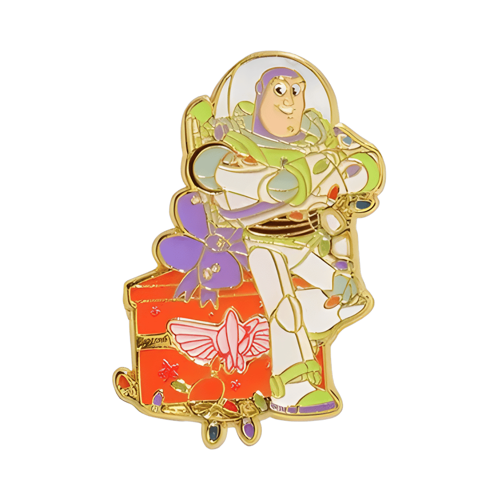 Buzz Lightyear leaning on a present with Christmas lights Disney pin