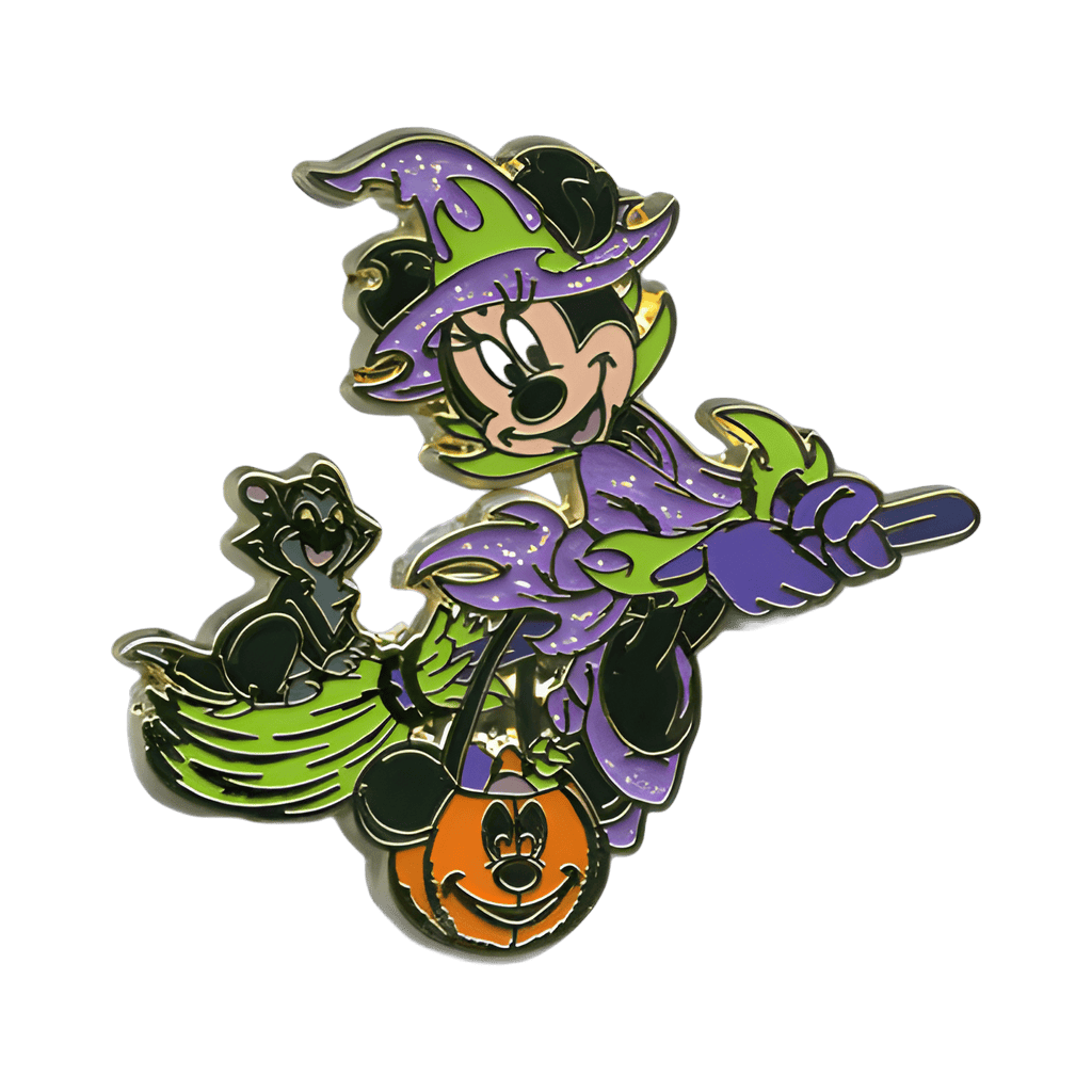 Minnie Mouse dressed as a Witch, riding a broom with Figaro Disney pin