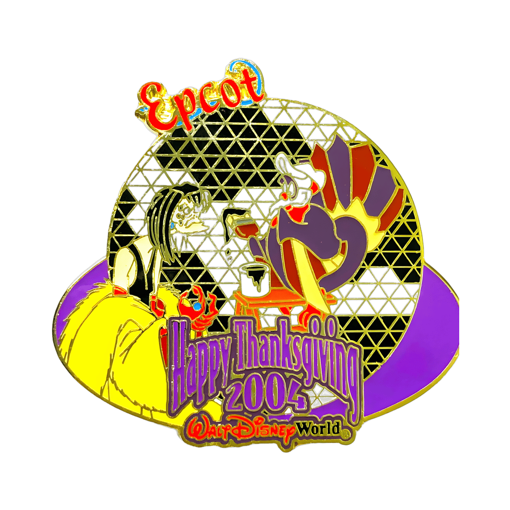Cruella De Vil in front of Spaceship Earth Disney pin
