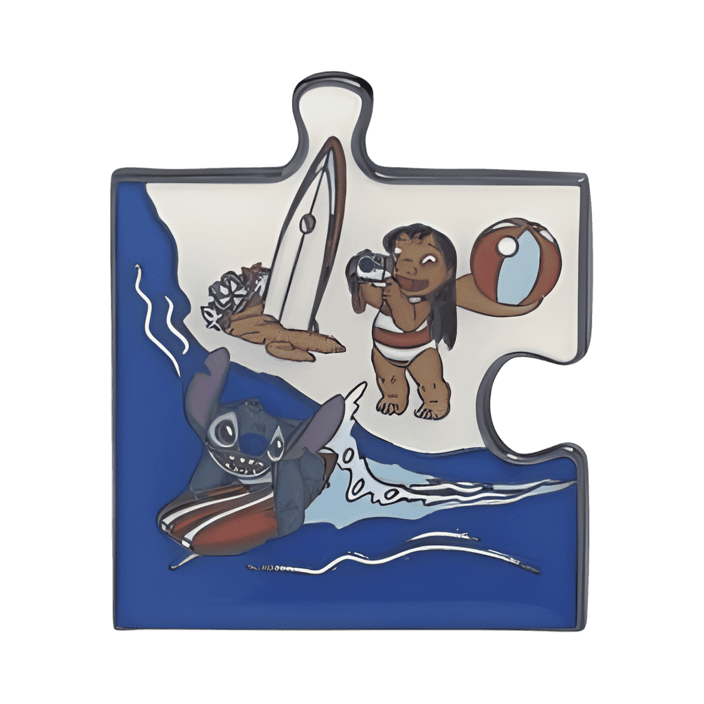 Stitch surfing and Lilo taking a picture of him piece Disney pin