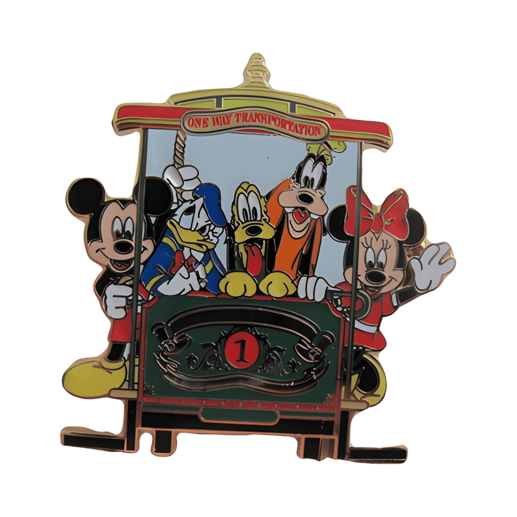 Mickey, Minnie, Donald, Pluto and Goofy one way transportation trolley Disney pin