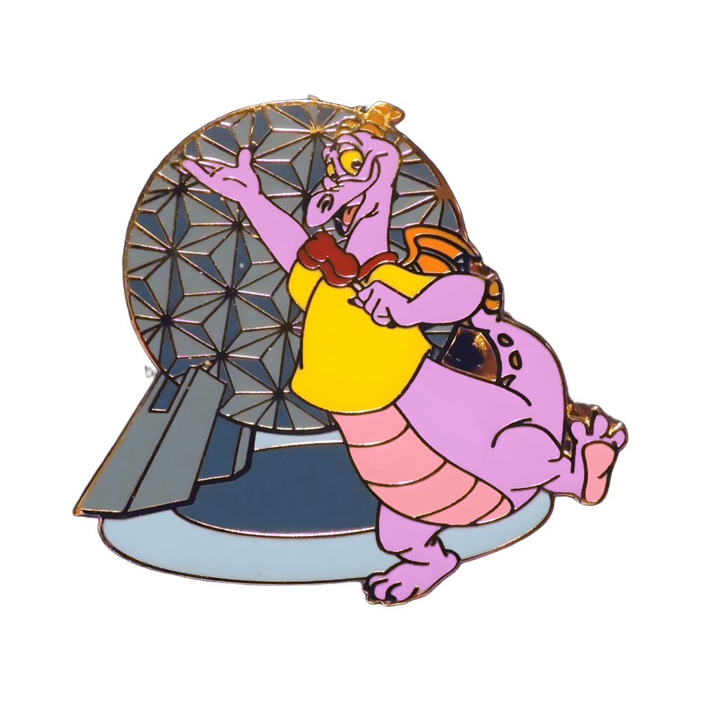 Figment in front of Spaceship Earth Disney pin