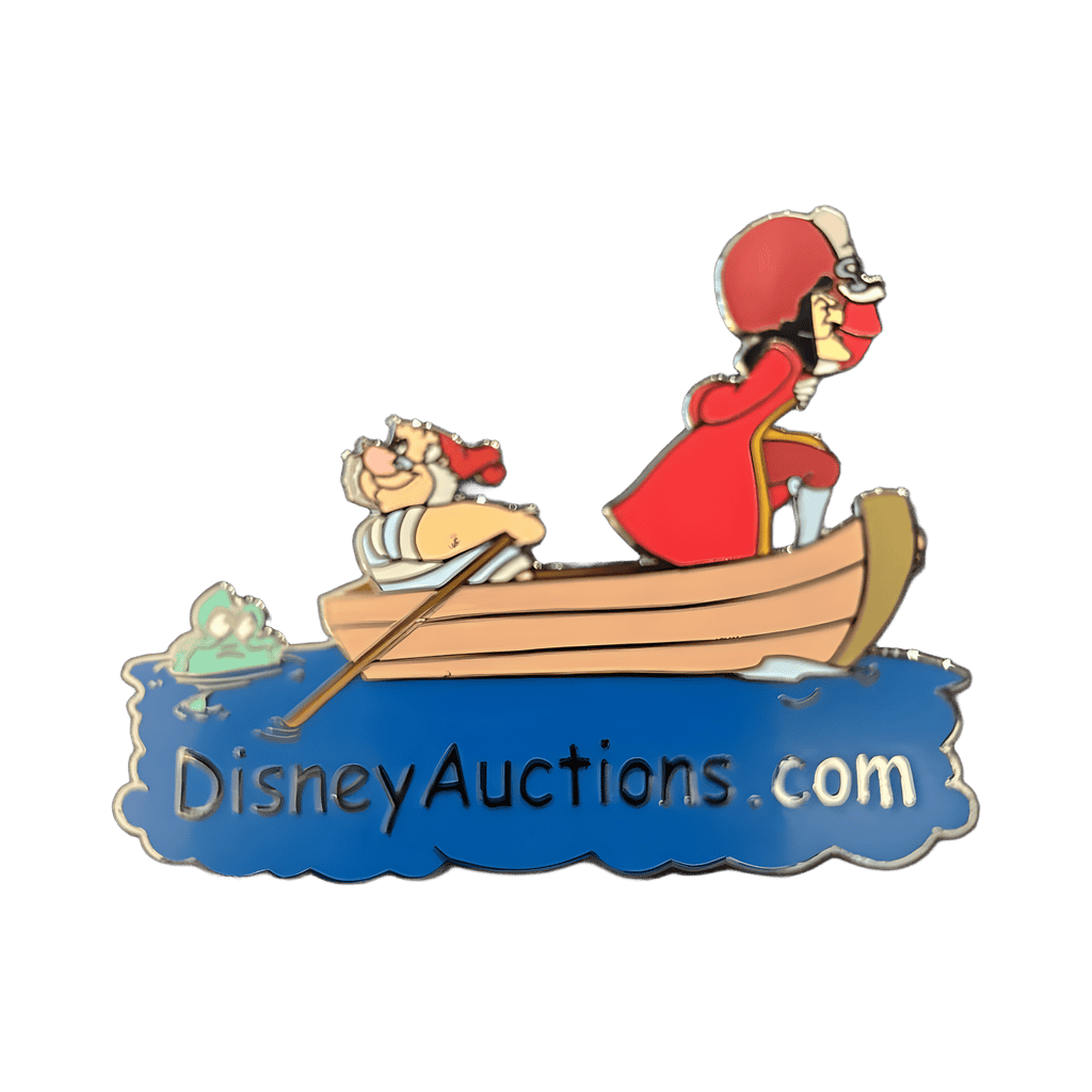 Captain Hook and Mister Smee in a boat on the auction logo Disney pin